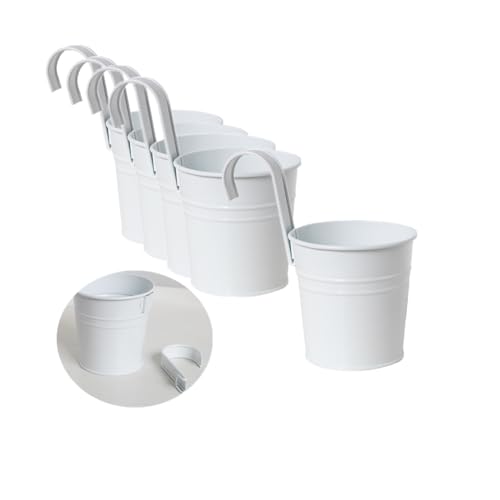 Leoyoubei Hanging Flower Pots for Outdoor Indoor Plants with Removable Hooks -5 Pack Metal Buckets Hanging Planters Wall Fence Home Decor-Storage Box,Drainage Holes -5''Diameter (White) - color: White