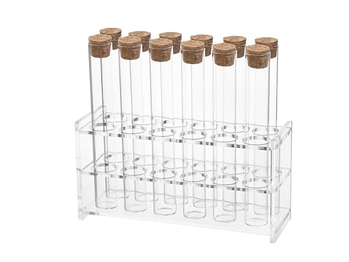 12pcs 30ml Glass Test Tube with Cork Stopper, 20x150mm Storage Tube with Cap, 12 Holes Acrylic Rack, Plant Propagation Vase, Tube Set for Scientific Experiments Lab Candy Liquid Party Decor - size: 20 x 150mm