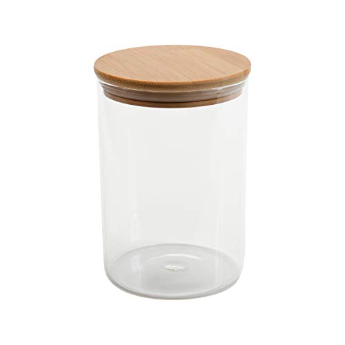Kitchen Details Round Glass Jar | 1 Liter | Bamboo Airtight Seal Lid | Wide Mouth | Food Storage Canister | Tea or Coffee | Spices | Flour | Sugar | Clear