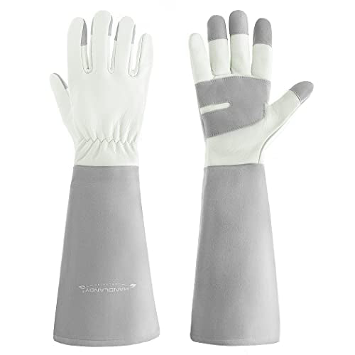 HANDLANDY Ladies Leather Gardening Gloves, Thorn Proof Women Long Rose Gloves (Light gray, Small) - color: Light Gray, size: Small (Pack of 1)