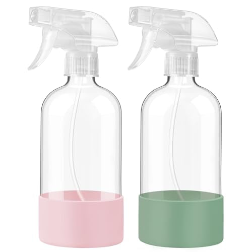 Glass Spray Bottles with Silicone Sleeve, 2Pack 16oz, Olive Green&Pink | Leak-Proof Empty Refillable Containers with Adjustable Spray Nozzles, Spray Bottles for Hair, Cleaning and Plants - color: Olive Green&Pink