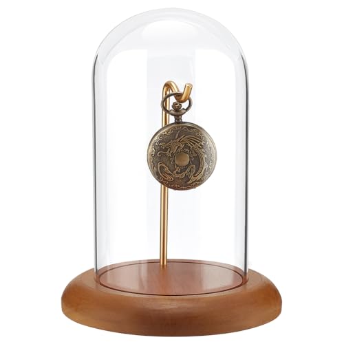 PH PandaHall Pocket Watch Glass Display Dome Cloche with Hook 5.7"x7.6" Watch Display Jar Clear Glass Dome with Wood Base for Watch Plants Display Collectibles, Father's Day - size: 5.7x7.6 Inch