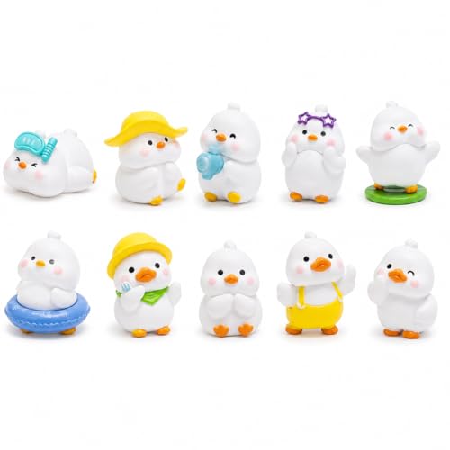 Miniature Resin Ducks, 10 Unique Beach Styles Tiny Duck Figurines for Fairy Garden Accessories, Small Animal Ornaments, Hand-Painted Decorative Figurines for Office Desk Terrarium Decor - color: White Duck