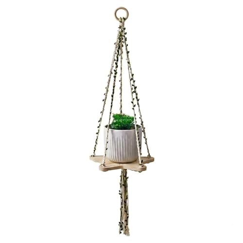 39 Inch Macrame Plant Hanger - Wooden Star Base Tray with Decorative Faux Leaf Vines, Boho Hanging Planter Holder for Indoor Plants - Wood and Cotton Rope