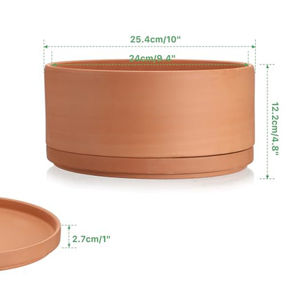 JUXYES 10 Inch Shallow Terracotta Pots with Holes and Saucers for Succulent | Built-in Drainage Hole, Wide Shallow Planter Clay Flower Pots for Indoor & Outdoor, Planter for Succulent, Cacti, Bonsai - size: 10 Inches