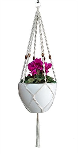 6 Legs Macrame Natural Jute and Cotton Plant Hanger & Holder and Metal Ring, 51-inches Length (Without the White Pot and Plant) (Jute) (Cream-Cotton)