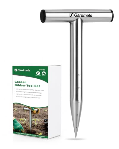 Stainless Steel Hand Dibber with Depth Markings & T-Handle, Rust-Resistant Bulb Planter Tool for Seeds, Seedlings & Bulbs – Ergonomic Design for Garden & Lawn