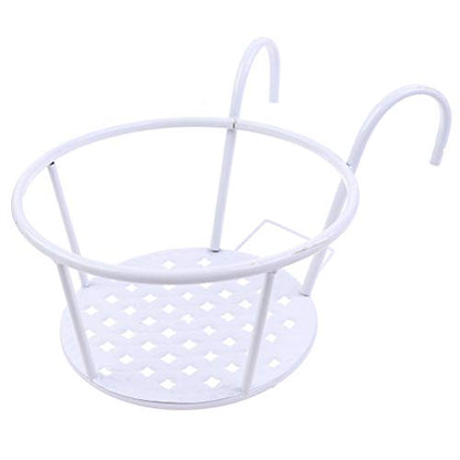 Hanging Railing Planters Baskets Art Hanging Flower Stands Balcony Flower Pot Holders Plant Iron Racks Fence Metal Potted Stand Mounted Balcony Round Plant Basket Shelf Container Box,Garden Steel Pots - color: White-full Bottom