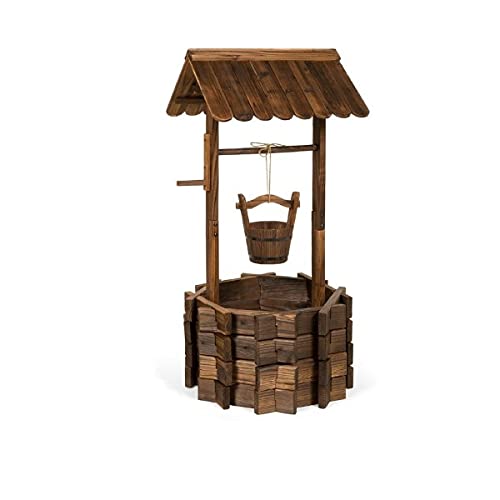 Rustic Wooden Wishing Well Yard Decoration Include Built in Shade with Hanging Bucket Planter Perfect Decoration Centerpiece for Your Patio Garden Or Front Yard Garden Ornamental Outdoor Décor