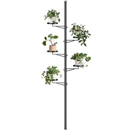Tension Rod Plant Stand, 5 Tier Tension Pole Plant Stand with 5 Metal Trays, Plant Poles for Hanging Plants Indoor, Floor to Ceiling Plant Pole Hanging Plant Stand - size: 5-Trays