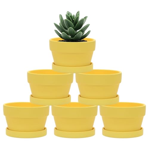 M METERXITY 6-Pack Shallow Terracotta Clay Pots, 4.3" Ceramic Small Plant Pots with Saucer and Drainage Holes for Succulent Plants/DIY Crafts, Terracotta Pottery Planters [Yellow] - color: Yellow
