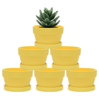 M METERXITY 6-Pack Shallow Terracotta Clay Pots, 4.3" Ceramic Small Plant Pots with Saucer and Drainage Holes for Succulent Plants/DIY Crafts, Terracotta Pottery Planters [Yellow] - color: Yellow