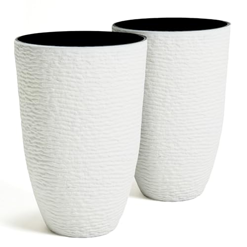 Worth Garden 2-Pack 21" H. White Tall Planters - 14'' Dia Resin Large Round Flower Pots for Outdoor Plants Trees - Imitation Stone Finish Plastic Indoor Front Porch 9 Gallon Decorative Container Patio - color: White