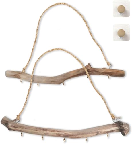 Qenk 2Pcs Driftwood Wall Decor, 15 Inch Branch Jewelry Organizer, 5 Hooks