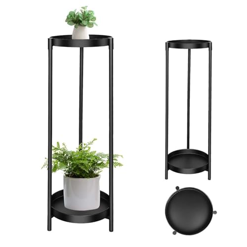 Plant Stand Indoor Outdoor, 2 Tier 24" Tall Black Round Shape Plant Stands | Heavy Duty Metal Plants Shelf, Rustproof Iron Multiple Flower Pot Supports Rack for Planter Corners Garden Balcony Patios