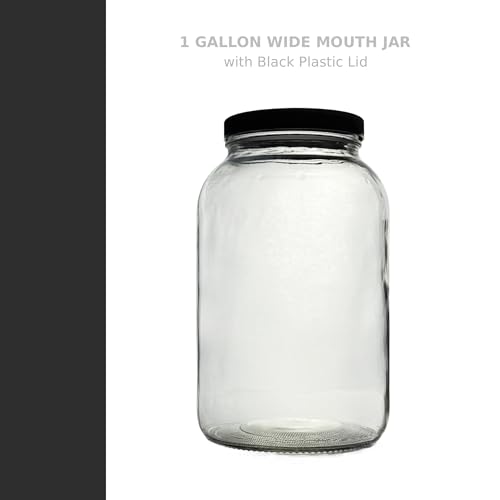 North Mountain Supply 1 Gallon Glass Jar, Black Plastic Lid | Wide Mouth, USDA Certified, BPA-Free, For Fermenting, Storing, Canning