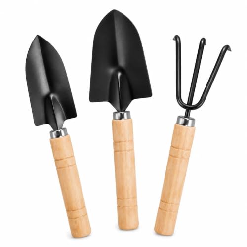 3PCS Mini Garden Tools Set, Hand Trowel, Shovel and Rake with Rust Resistant Iron Heads and Wood Handles for Indoor Plants, Succulents and Repotting
