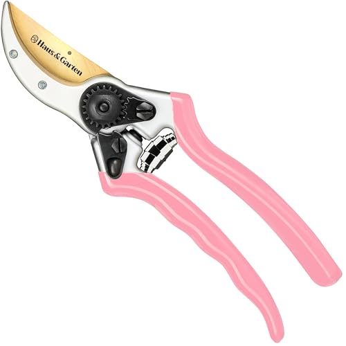 Haus & Garten ClassicPRO 8.5" Premium Titanium Bypass Garden Shears - Use as Pruners, Pruning Shears for Gardening, Hand Pruners, Handheld Garden Clippers, Scissors for Women - color: Pink Non Slip Soft Grips