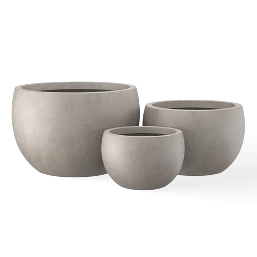 Kante Set of 3 Weathered Concrete Bowl Planters 20" 15.7" 11.8" Dia | Drainage for Outdoor, Rubber Plug for Indoor Home, All-Weather Cement Pot, Handcraft, Lightweight & Durable, Anti-UV, Round - color: Weathered Concrete, size: 19.9"D + 15.7"D + 11.8"D