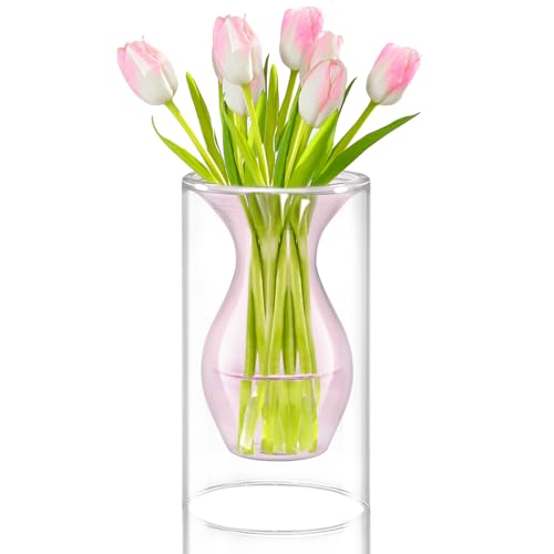 ZENS Unique Pink Small Flower Vase, Double Hollow Floating Clear Glass Vase, Modern Decorative Hand Blown Cool Bud Vase for Home Small Bouquet, Wedding Centerpieces - color: Pink, size: 7 inch tall Lantern Vase