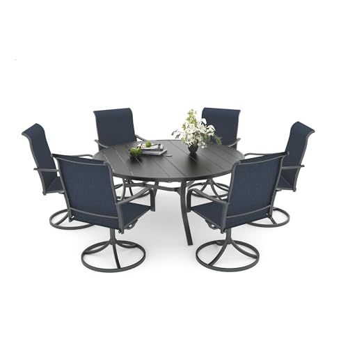 Anmutig Outdoor Dining Set for 6, 54" Round Table & 6 Swivel Chairs, Blue | Weather-Resistant Textilene, Powder-Coated Steel Frame, Umbrella Hole, Easy Assembly, Balcony, Garden, Backyard, Poolside - color: Blue, size: Table-54"*54", style: Arm Style1
