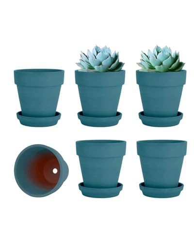 vensovo 4 Inch Steel Blue Terracotta & Clay Pots with Saucer, 6 Pack - color: Blue