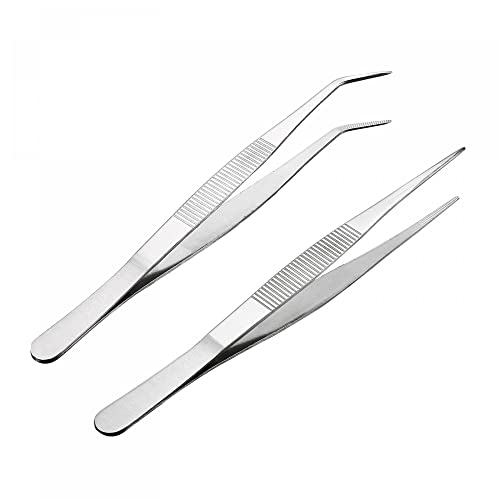 uxcell 2pcs 8-inch Stainless Steel Tweezers with Serrated Tip (Straight Pointed Tip, Curved Pointed Tip)