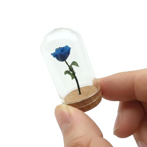 Miniature Rose in Glass Dome with Wood Base, Blue Rose Figurine, Dollhouse Decor Accessory, DIY Decorative Display (Blue) - color: Blue