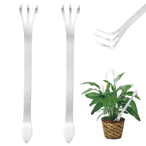DOERDO 2PCS Bonsai Rake Tool, Stainless Steel Root Rake Loosen Soil Tool with 3-Prong for Gardening Plants, 9.3x1.2 Inch