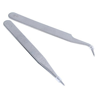 2 Nail Art Tweezers Curved Straight Pointed Ongles (silver) (silver)