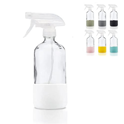 Clear Glass Spray Bottle with Silicone Sleeve for Cleaning Solutions, Essential Oils, Plants, Vinegar - 16 oz, Refillable, Food Safe (Pure White) - color: Pure White