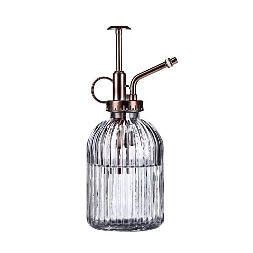 Glass Plant Mister - 7.5" Green Glass Water Spray Bottle with Gold Top Pump, Indoor/Outdoor Small Plant Sprayer (Gray+Bronze)