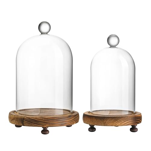 ZEERSHEE Cloche Glass Dome with Wooden Base, Set of 2 Display Bell Jars | Two Sizes Included, Clear Glass Display, Stable Wooden Base for Flowers, Figurines, Candles and Keepsakes