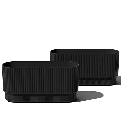 Veradek Demi Series Long Planter - Wide Outdoor Planter | Made From a Durable Plastic-Stone Composite With Pre-Drilled Drainage Holes. Modern Porch/Patio Décor - color: Black, size: 30 inch - 2 Pack