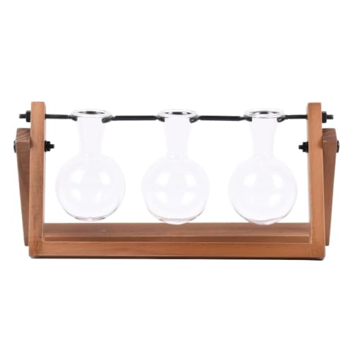 Glass Wood Plant Propagation Station Set Single Pack, 11.3" L X4.3 W X5.5 H Natural Vintage Wooden Stand with 3 Borosilicate Bulb Vases, Hydroponic Cutting Desktop Coffee Table Decor Gift for Lovers