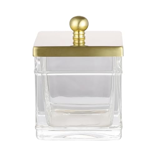 Clear Transparent Hotel Style Apothecary Tempered Glass Canister Jar W/ Gold Metal Lid Cover, Classic Countertop Organizer for Cotton balls/pads, Floss Picks, Makeup Storage - color: Gold