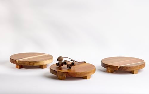 Kurrajong Farmhouse footed wooden stand. 10" wide and 2" high round Acacia Wood Riser. Wooden pedestal stand for Kitchen Counter, Coffee Station, Bathroom, Plants, Candles. Rustic Countertop Riser board