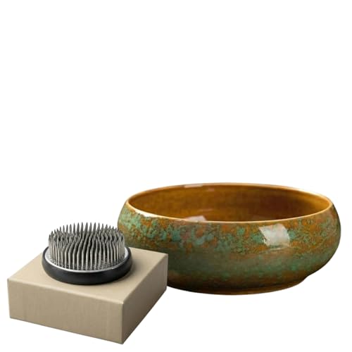 Ikebana Kit, Bowl, with 2.4in Floral Frog | Japanese Flower Vase, Ikebana Vase, Flower Frog Kit, for Hydroponic, Water Lotus Bowl, Japanese Floral Arrangement - color: Large-terra