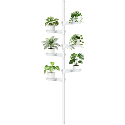 Tension Rod Plant Stand, Plant Poles for Hanging Plants Indoor, 6 Tier Tension Pole Plant Hanger, Floor to Ceiling Plant Pole with 6 Trays Hanging Plant Stand (White) - size: 6-Tray-White