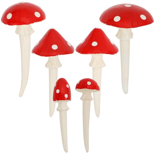 Juegoal Set of 6 Fairy Garden Miniature Mushrooms Statues, Glow in Dark Mini Red Mushroom Resin Figurines, Outdoor Garden Yard Art Accessories, Fly Agarics Sculpture Lawn Ornament Decorations