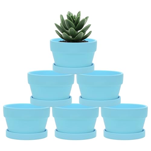 M METERXITY 6-Pack Shallow Terracotta Clay Pots, 4.3" Ceramic Small Plant Pots with Saucer and Drainage Holes for Succulent Plants/DIY Crafts, Terracotta Pottery Planters [Sky Blue] - color: Sky Blue