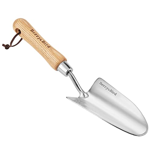 Berry&Bird Stainless Steel Trowel, Garden Small Flower Hand Shovel, Potting Soils Scoop with Wood Handle, Gardening Bonsai Tools for Transplanting Digging Weeding Planting - color: Hand Shovel, size: Small