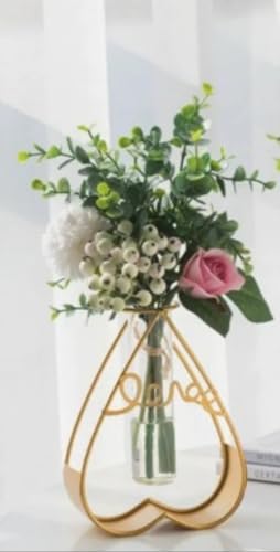 Modern Heart-Shaped Glass Flower Vase with Gold Metal Stand, 19.5cm Height, Love Design