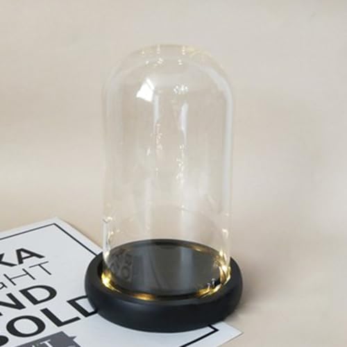 3.9" D X 7.3" H Clear Glass Dome Cloche with Black LED Lights Base,Glass Display Bell Jar Ornament - color: Lighted Base - Black, size: 3.9"D x 7.3"H