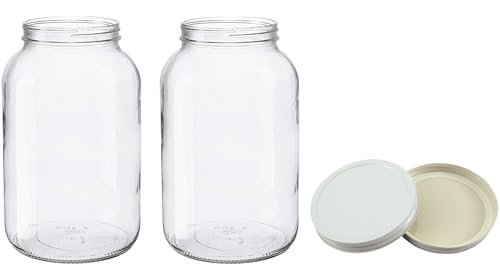 North Mountain Supply 1 Gallon Glass Jar Wide Mouth with White Metal Lid - USDA, BPA-Free, Made in The USA - for Fermenting, Storing, Canning, and Much More! - Case of 2
