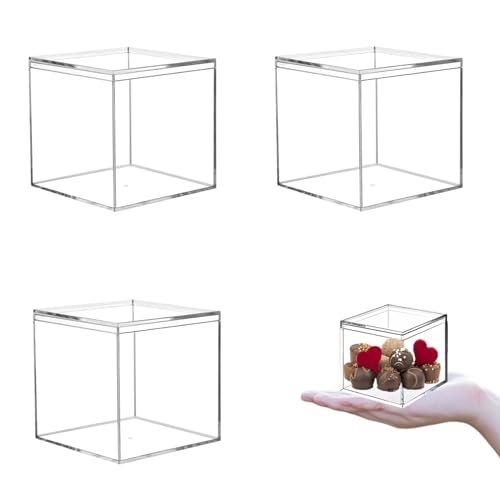 KissYou Acrylic Box 4 Packs Clear Box with Lid Plastic Square Cube Acrylic Storage Contanier for Display Wedding Graduation Party Decoration Box - size: 2.36 x 2.36 x 2.36 Inch