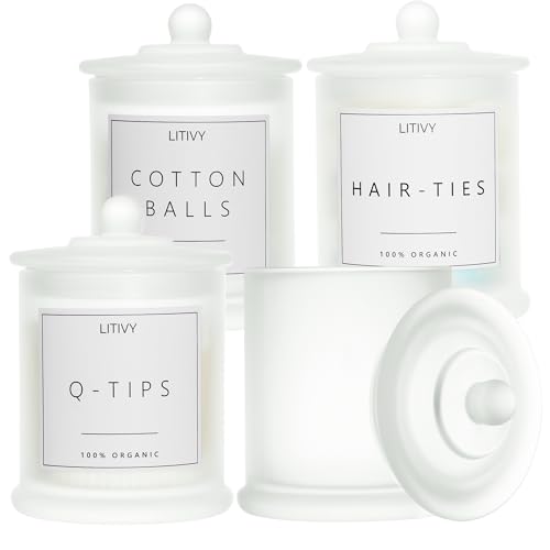 LITIVY 4 Pack Bathroom Organizers and Storage - 16 Oz Glass Qtip Holder & Cotton Pad Dispenser with Lid, Apothecary Jars for Home, Room Decor, Kitchen Organizer (Frosted White) - color: Frosted