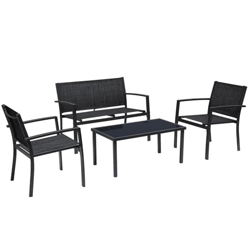 Greesum 4 Pieces Patio Furniture Set Outdoor Conversation Textilene Fabric Chairs for Lawn, Garden, Balcony, Poolside with A Glass Coffee Table, Black - color: Black, style: 4 Pieces