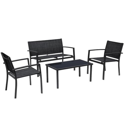 Greesum 4 Pieces Patio Furniture Set Outdoor Conversation Textilene Fabric Chairs for Lawn, Garden, Balcony, Poolside with A Glass Coffee Table, Black - color: Black, style: 4 Pieces