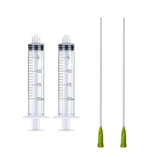 2 Set Syringe with Luer Lock 14Ga 4inch Needles for Oil Injector, Glue Dispensing Applicator, Scientific Labs, Watering, Refilling, Filtration (20ML) - size: 20ML